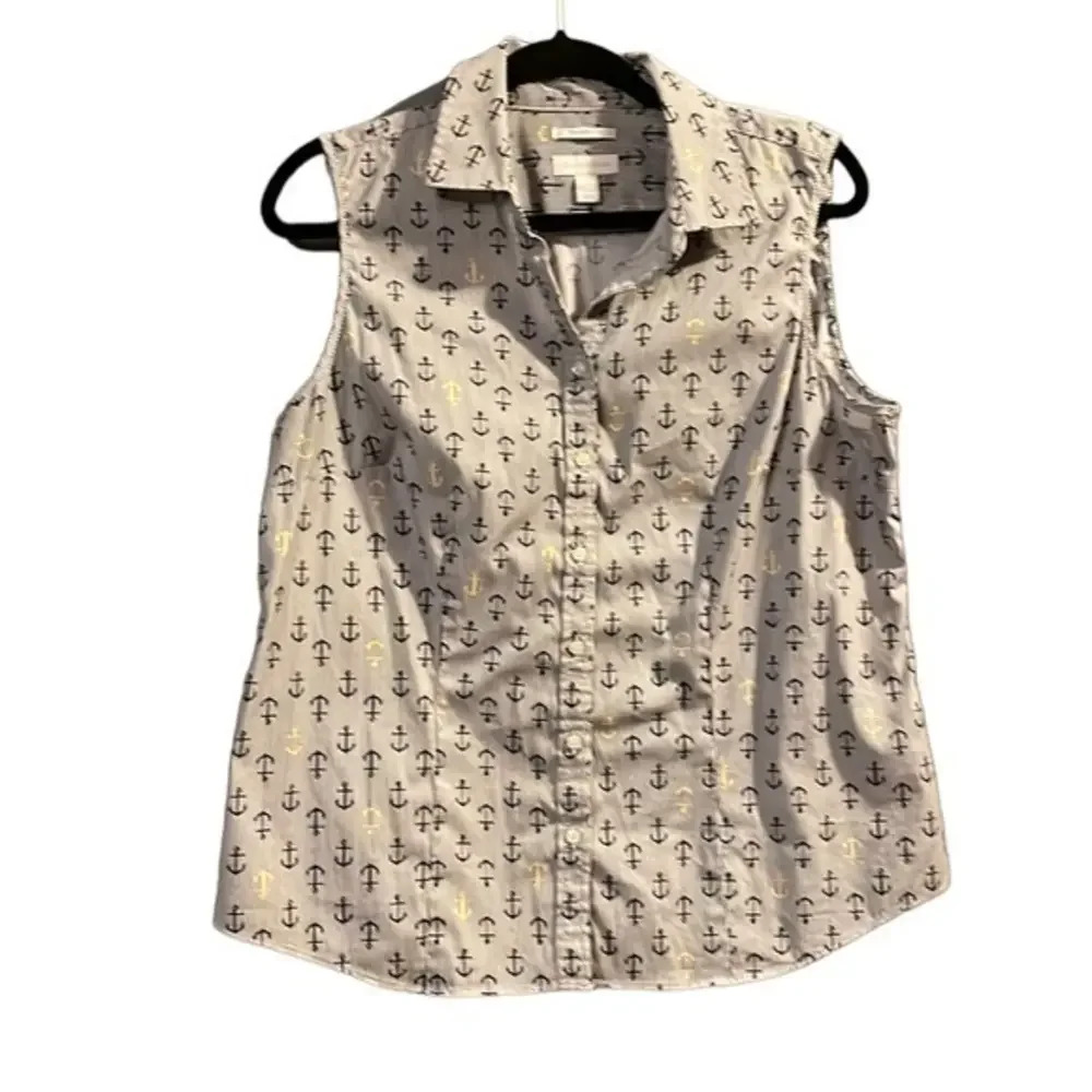New Charter Club Pinstripe Anchor Print Sleeveless Button Down Top‎ Size 14